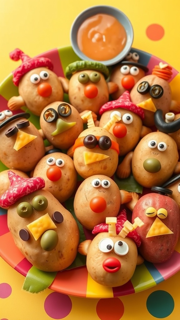 Three Potato Cartoon Characters Recipe Colorful and playful potato characters with vegetable decorations on a vibrant plate.